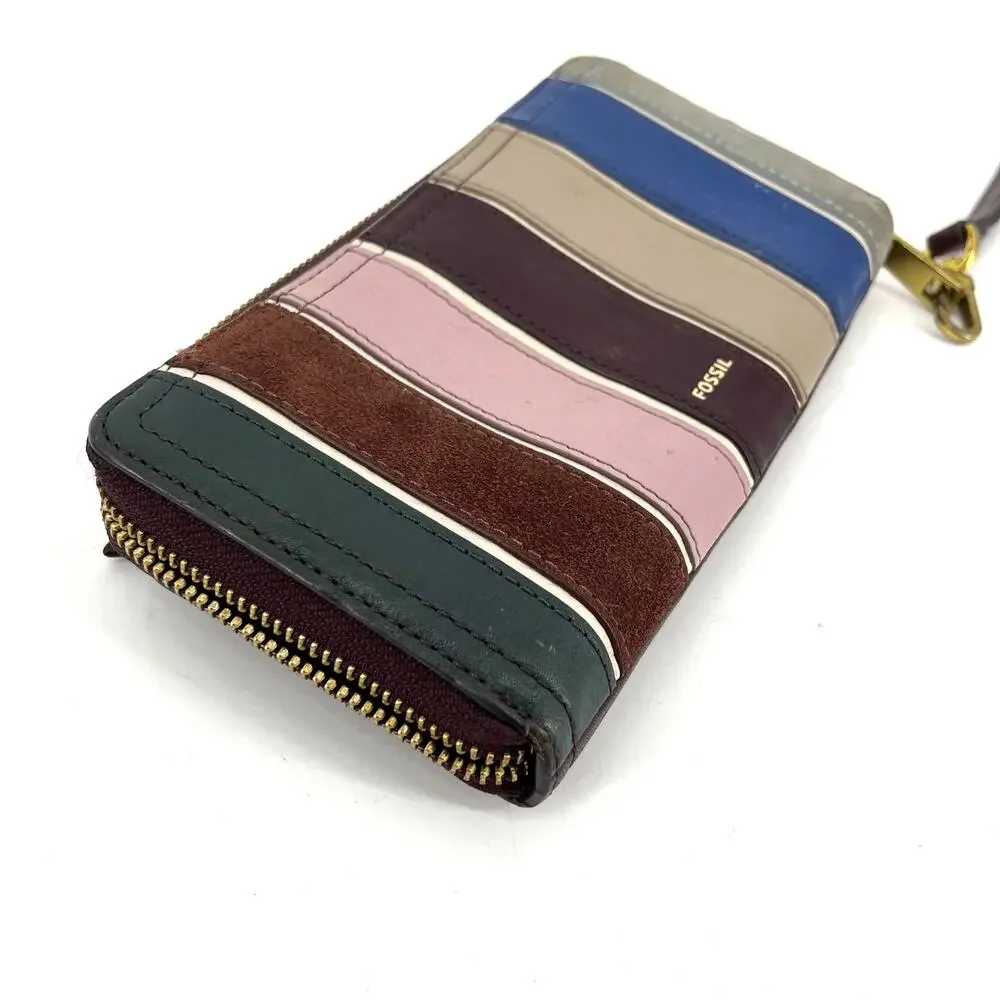 Fossil Logan Purple Multi-Color Striped Zip Around Leather Wallet Wrist Strap‎
